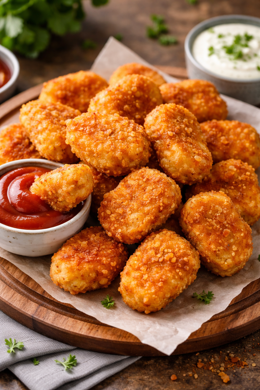 Kyllinge nuggets med dip og sauce