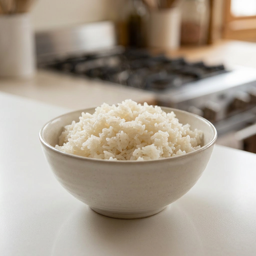 Step 1 rinse rice under water in a strainer, step 2 cook rice with water in pot, step 3 steam rice with lid on stove low heat, step 4 fluff rice with wooden paddle