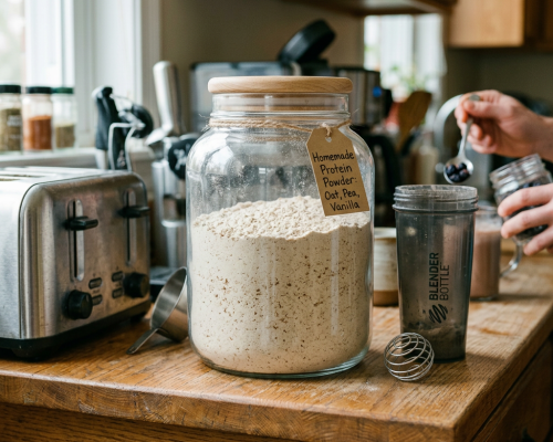 Large glass jar filled with homemade oat, pea, and vanilla protein powder with label
