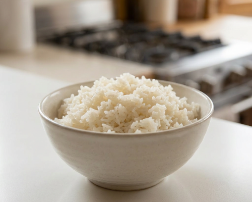 Step 1 rinse rice under water in a strainer, step 2 cook rice with water in pot, step 3 steam rice with lid on stove low heat, step 4 fluff rice with wooden paddle